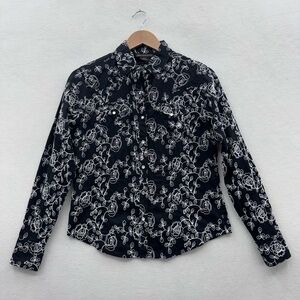 Ariat Women’s Sm Black White Embroidered Western Pearl Snap Floral Rodeo Blouse